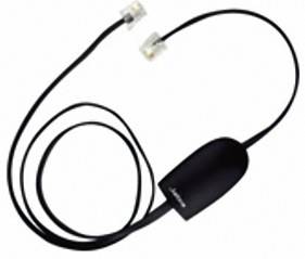 Schwarzes Elektronikgerät mit Kabel und zwei Steckverbindern an den Enden, geeignet für eine Telefoninstallation.