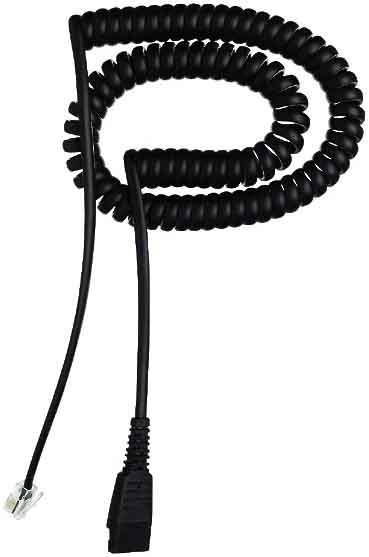 Schwarzes, spiralförmiges Telefonkabel mit zwei Steckern an den Enden, verwendet für analoge Telefonverbindungen.