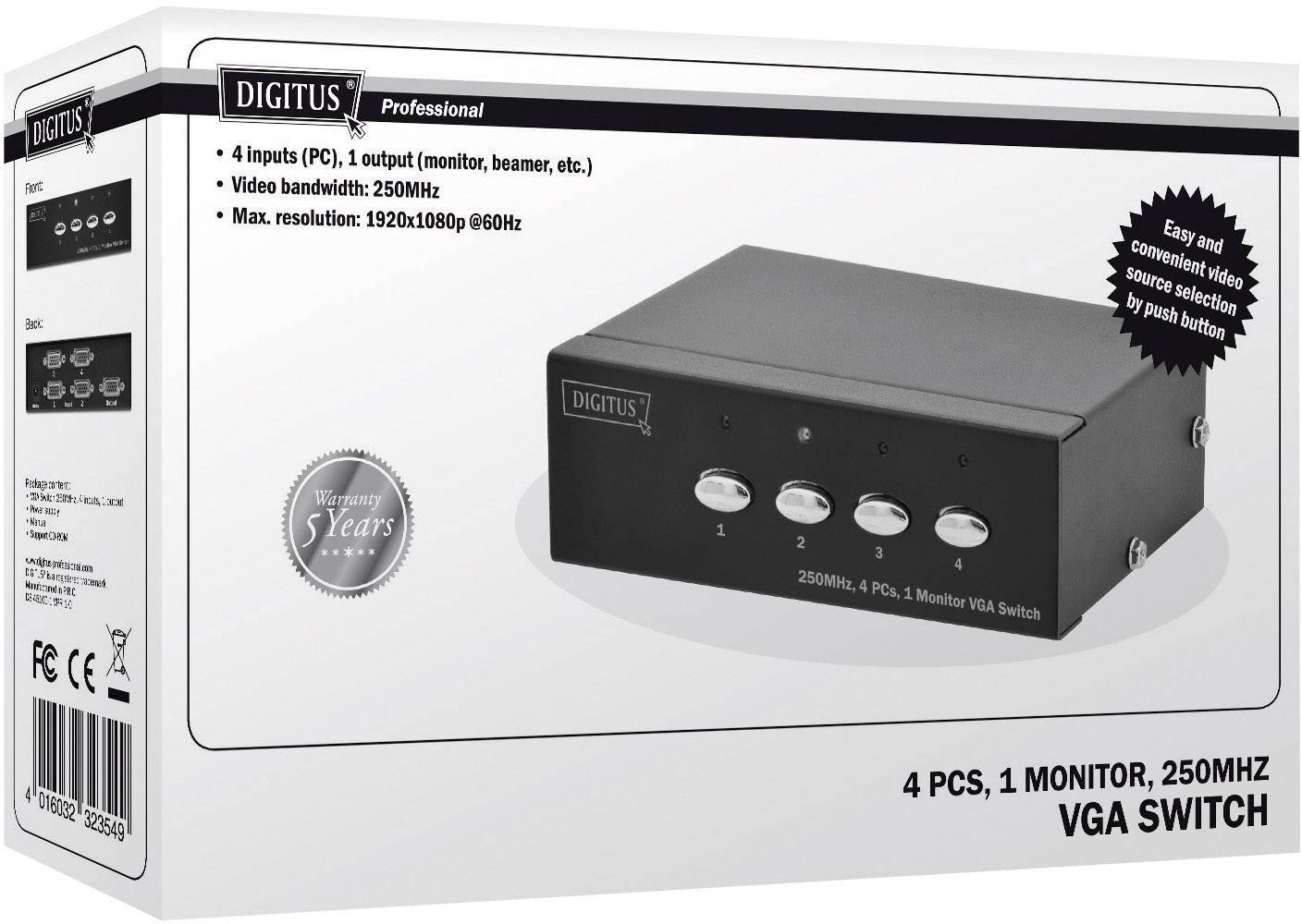 Digitus DS-45100-1 4 Port VGA-Switch 1920 x 1080 Pixel