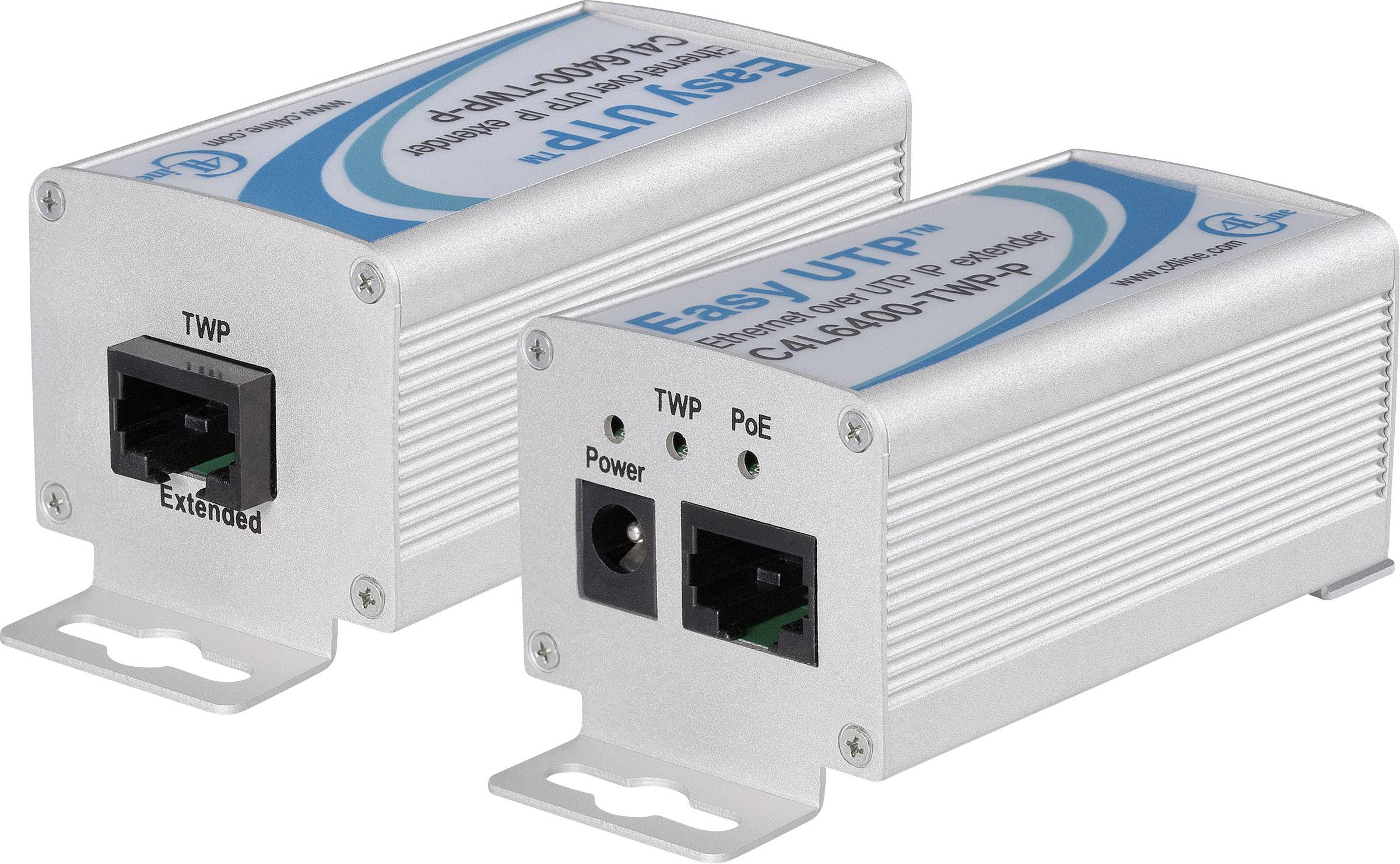 Zwei silberne Netzwerkkonverter mit der Beschriftung 'Easy I UTP', jeweils mit Anschlüssen für Ethernet und PoE, auf weißem Hintergrund.