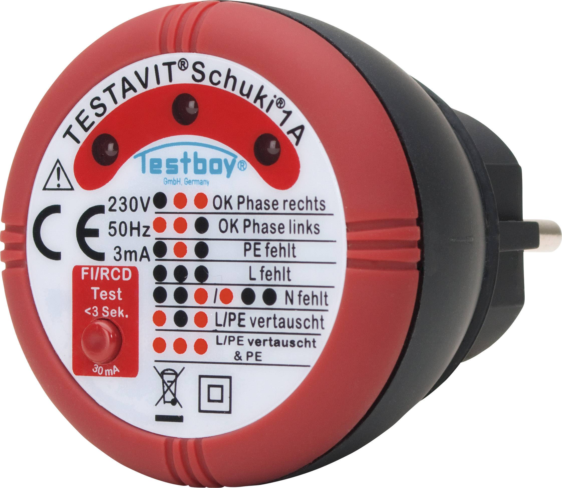 Testboy Schuki® 1A Mains outlet tester CAT II 300 V LED Manufacturer's standards (no certificate)