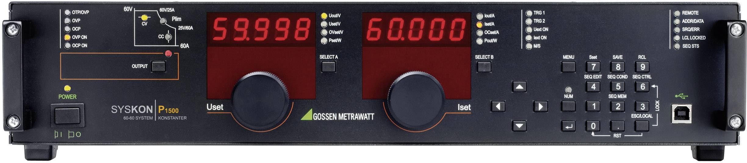Ein elektronisches Gerät mit zwei digitalen Anzeigen, vielen Tasten und einem USB-Anschluss. Links oben zeigt ein Diagramm den Ausgang.