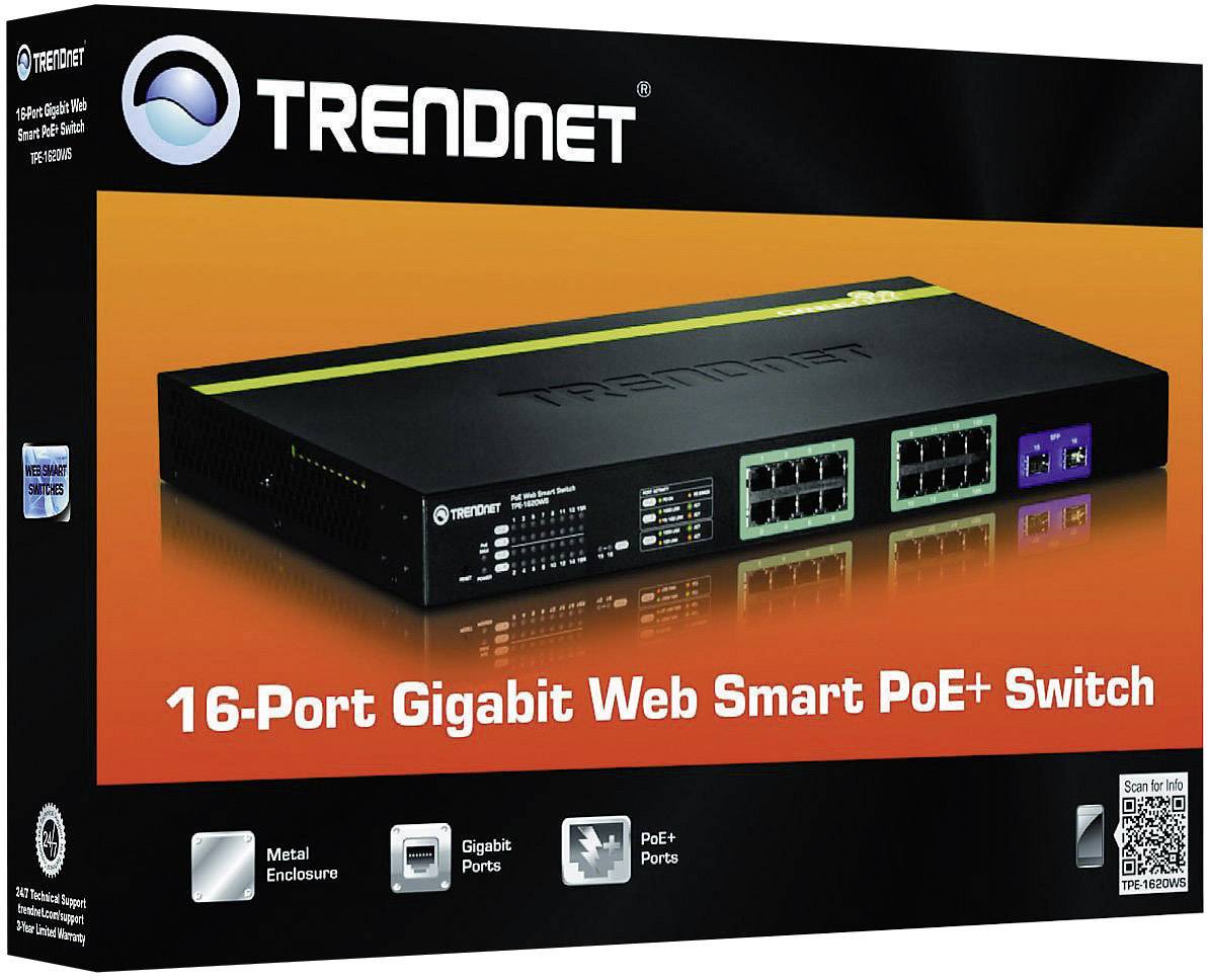 TRENDnet TPE-1620WS 16-Port Switch Gigabit Web Smart 16 PoE, 2 SFP (shared)