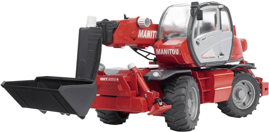 Ein roter Teleskoplader der Marke Manitou steht seitlich mit ausgefahrenem Teleskoparm und Schaufel.