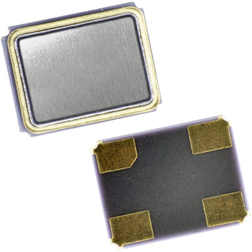 Zwei rechteckige elektronische Bauteile mit goldfarbenen Metallkontakten auf schwarzer Oberfläche, wahrscheinlich Quarzoszillatoren.