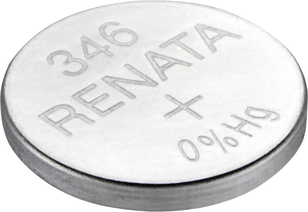 Silberne Knopfzellenbatterie mit der Aufschrift '346 RENATA 0% Hg', symbolisiert quecksilberfreie Stromversorgung.