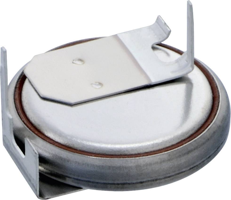 Runde Knopfzelle mit zwei Metallklammern zur Befestigung, oft in kleinen elektronischen Geräten verwendet.
