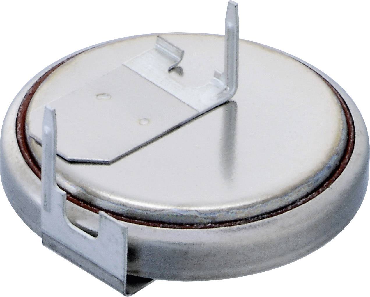 Eine runde Metallbatterie mit zwei hervorstehenden Metalllaschen auf der Oberseite.
