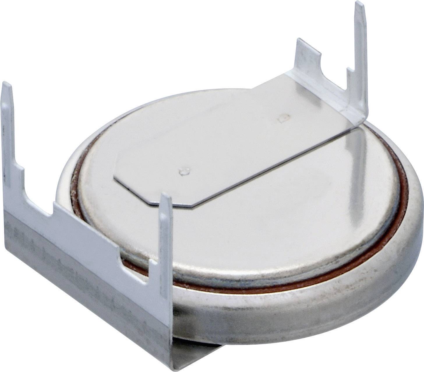 Runde Knopfzelle mit zwei Metall-Kontaktfahnen, die herausragen. Sie wird oft in elektronischen Geräten zur Energiespeicherung verwendet.