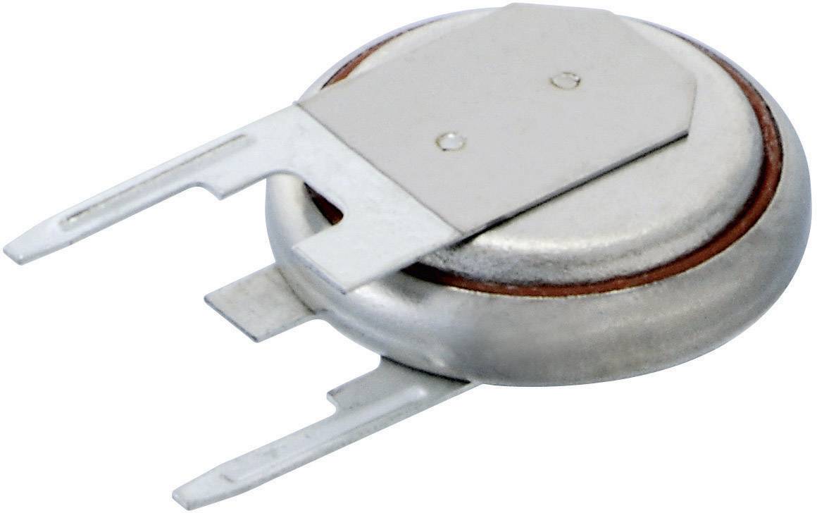 Eine runde, flache Knopfzelle aus Metall. Sie hat zwei Anschlusslaschen für die Montage, vermutlich eine Batterie für elektronische Geräte.
