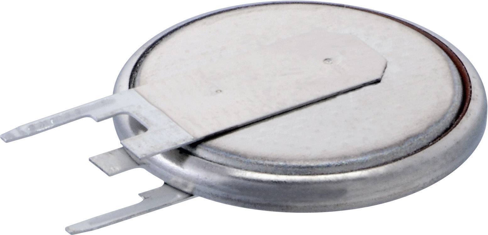 Eine silberne Knopfzelle mit zwei flachen Anschlussfahnen, typisch für den Einsatz in tragbaren Elektronikgeräten.