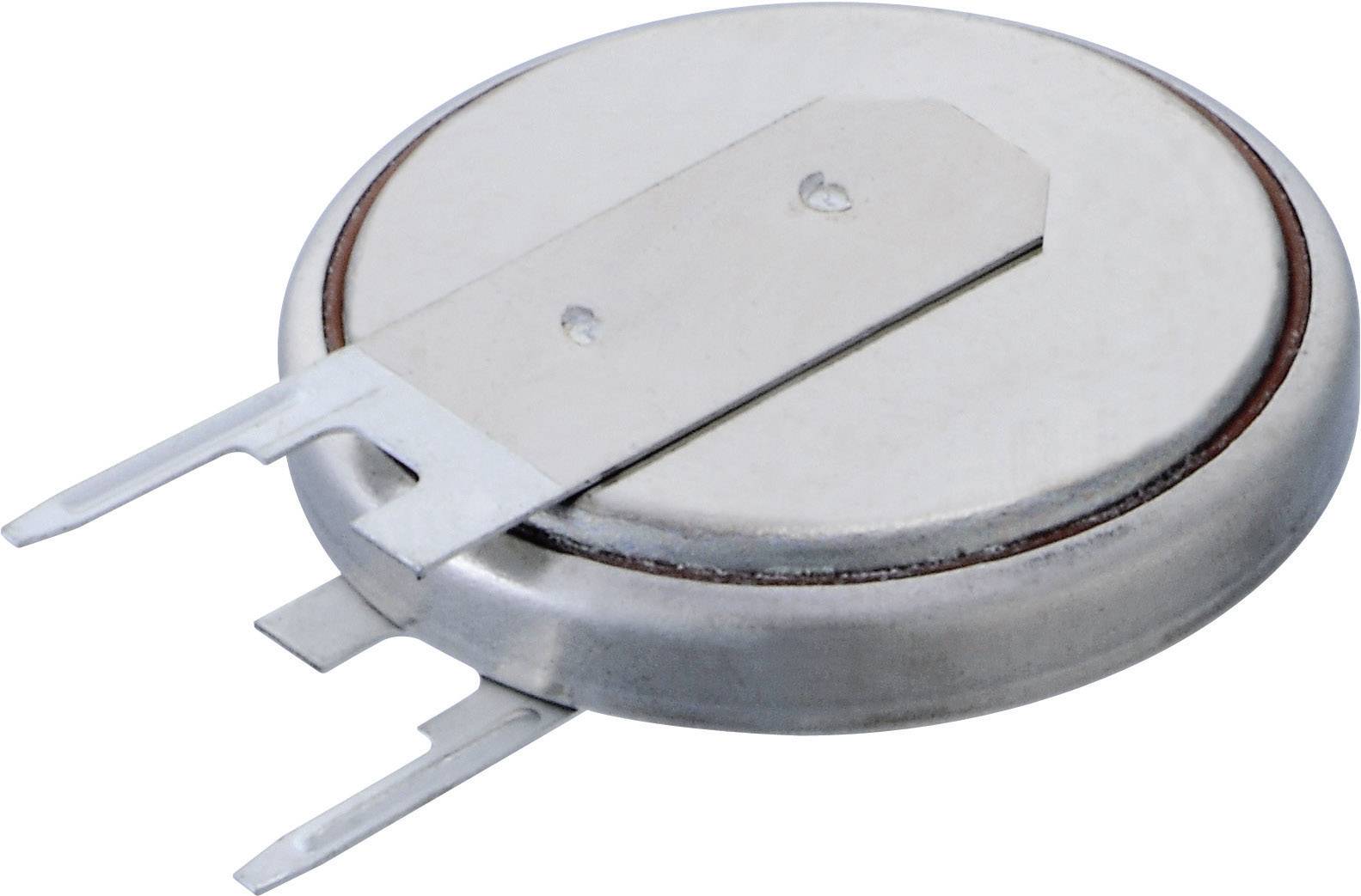 Runde, flache Knopfzelle mit zwei Metallkontakten auf der Oberseite, für elektronische Anwendungen.