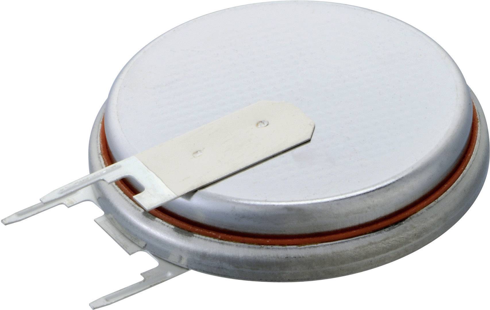 Eine runde Knopfzelle-Batterie mit Metallgehäuse und zwei Anschlüssen. Geeignet für kleine elektronische Geräte.