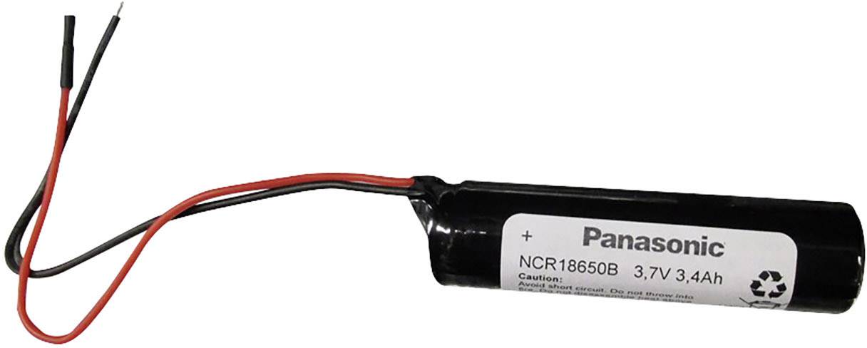 Schwarze zylindrische Lithium-Ionen-Batterie mit Kabeln, Etikett zeigt 'Panasonic NCR18650B 3,7V 3,44Ah'.