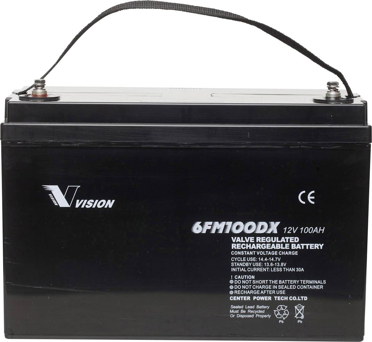 Eine schwarze, rechteckige wiederaufladbare Batterie mit der Aufschrift '6FM100DX 12V 100AH'. Sie hat Anschlüsse oben und ein CE-Zeichen.
