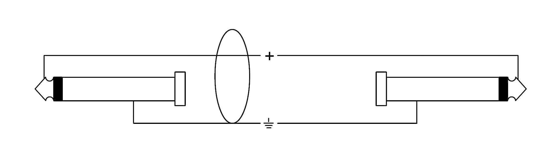 Elektrisches Schaltbild: Zwei Röhrenlampen, ein Kondensator in der Mitte, mit Erdung verbunden. Pfeile zeigen Stromflussrichtung an.