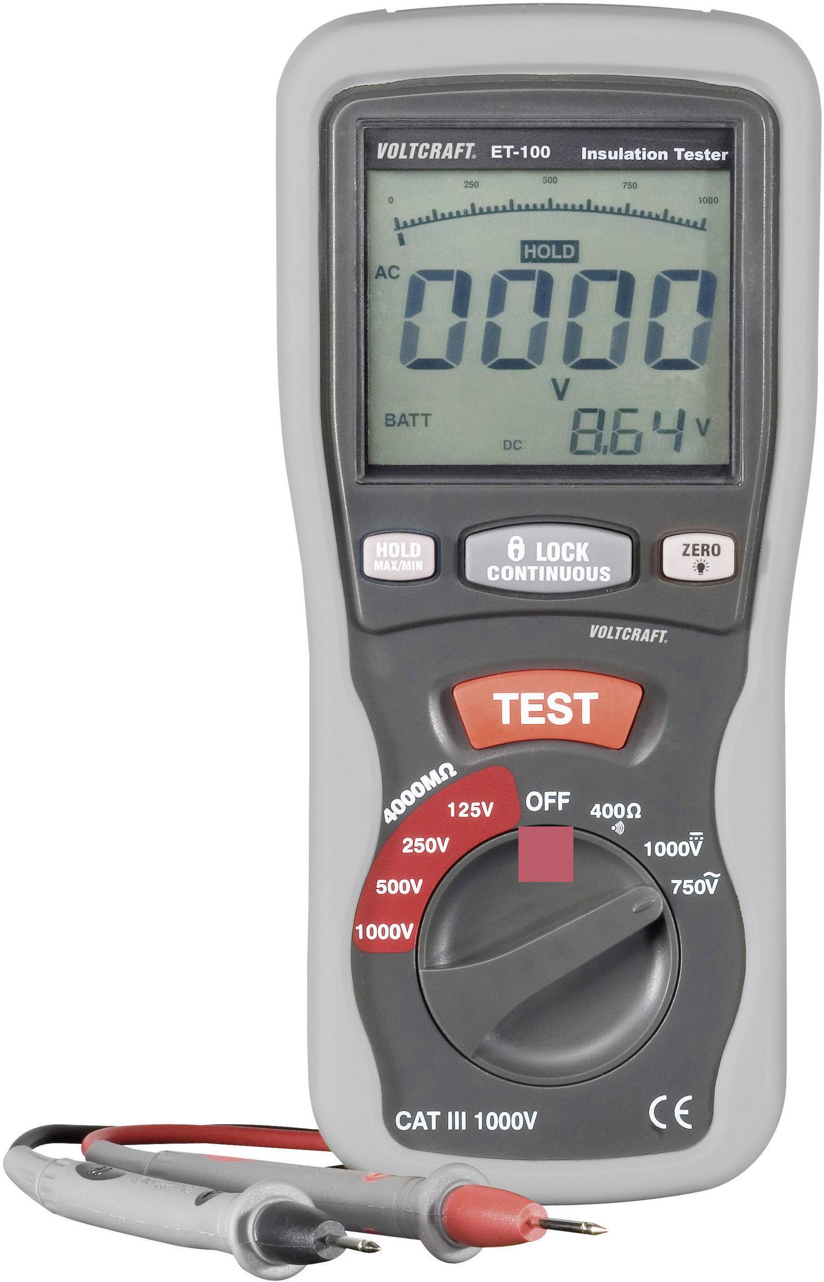 Handmultimeter mit digitaler Anzeige, zeigt Wechselspannung von 0,00 Volt und Gleichspannung von 8,64 Volt an, rote und schwarze Prüfspitzen davor.