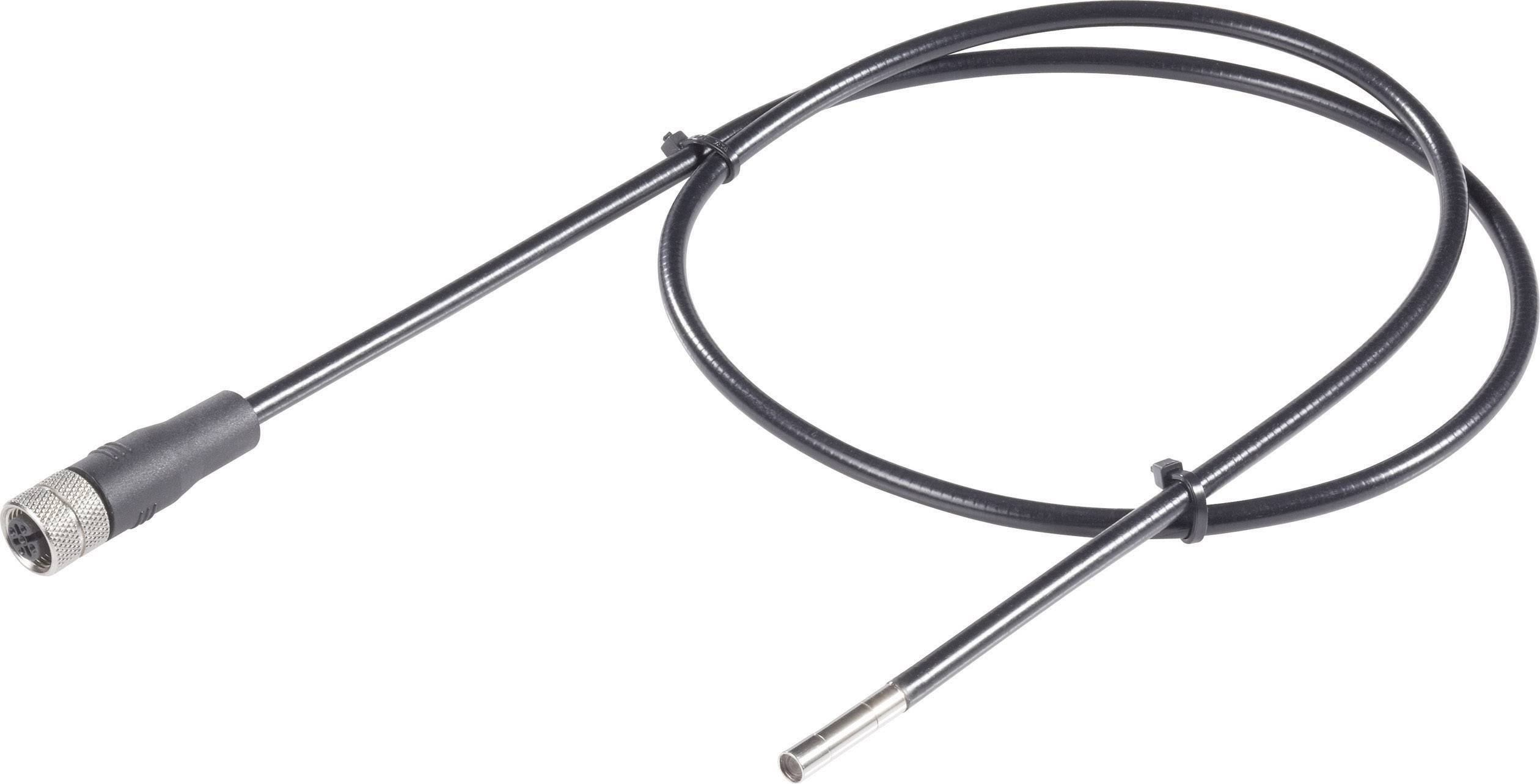 Ein schwarzes Temperatursensorkabel mit silbernem Metallstecker und langem Kabel, geeignet für technische Anwendungen.