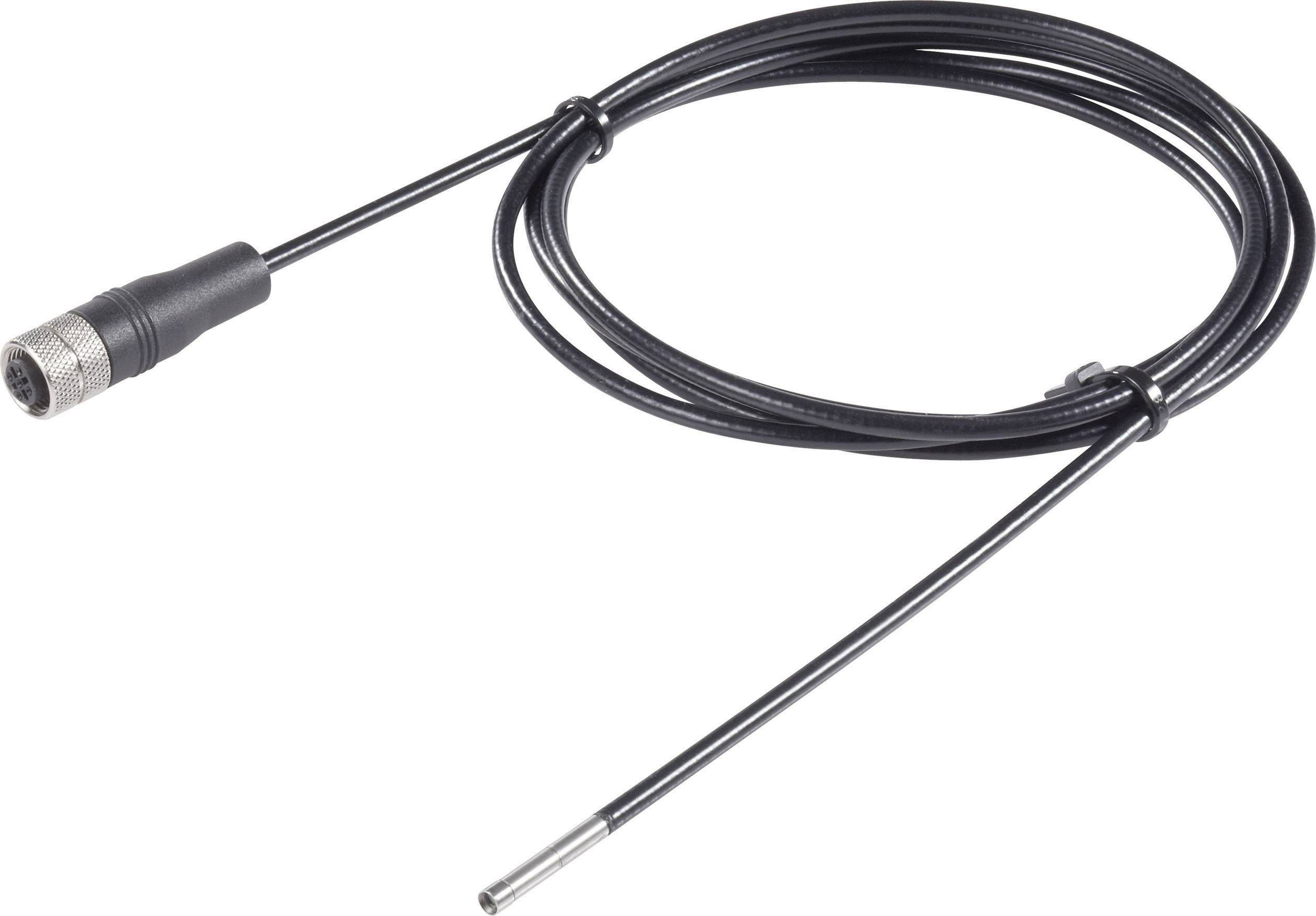 Ein schwarzes Kabel mit einem metallischen Sensor an einem Ende und einem Stecker am anderen Ende, geeignet für elektronische Geräte.