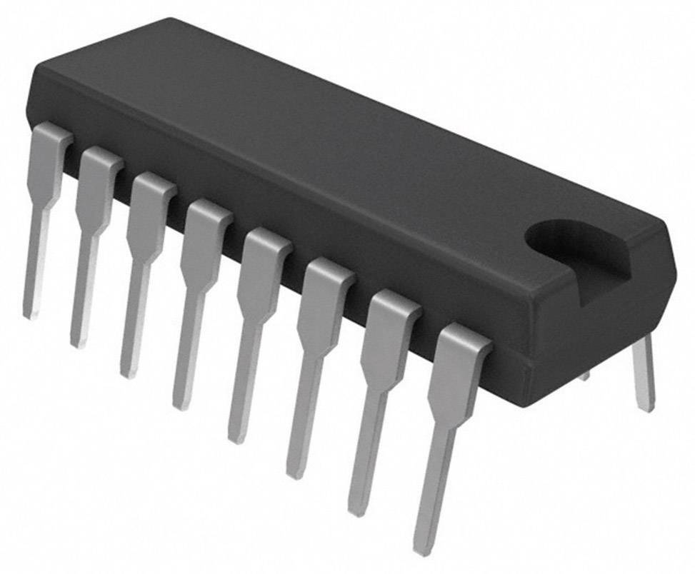 Ein schwarzer IC-Chip mit 14 Metallpins ist abgebildet; wird häufig in elektronischen Geräten verwendet.