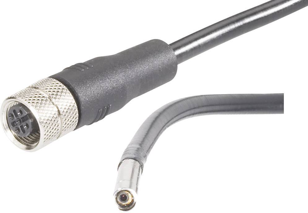 Nahaufnahme eines schwarzen Koaxialkabels mit einem sechspoligen Stecker.