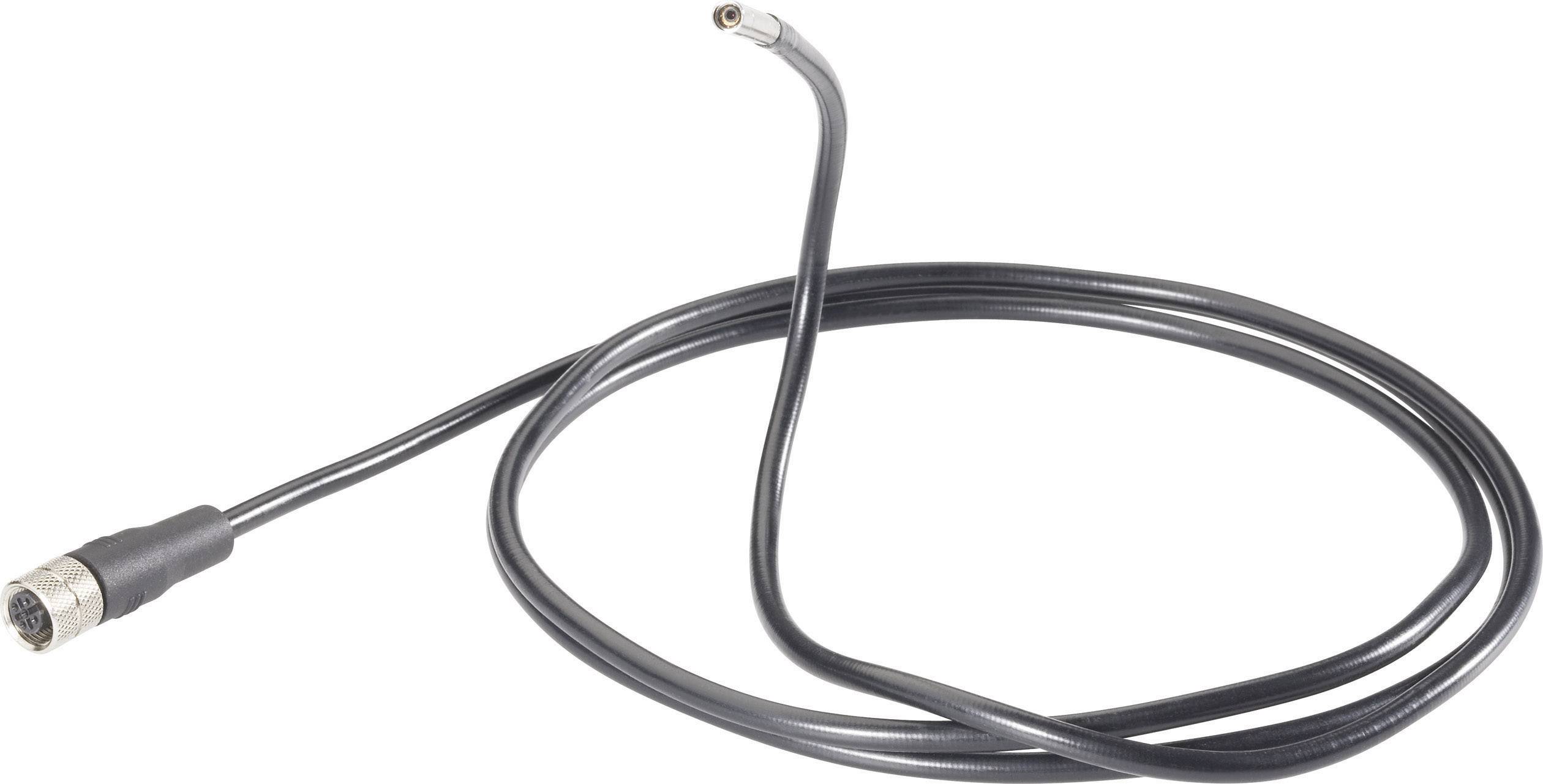 Ein schwarzes Koaxialkabel mit Metallstecker, aufgerollt und mit leicht gebogenem Ende, auf weißem Hintergrund.