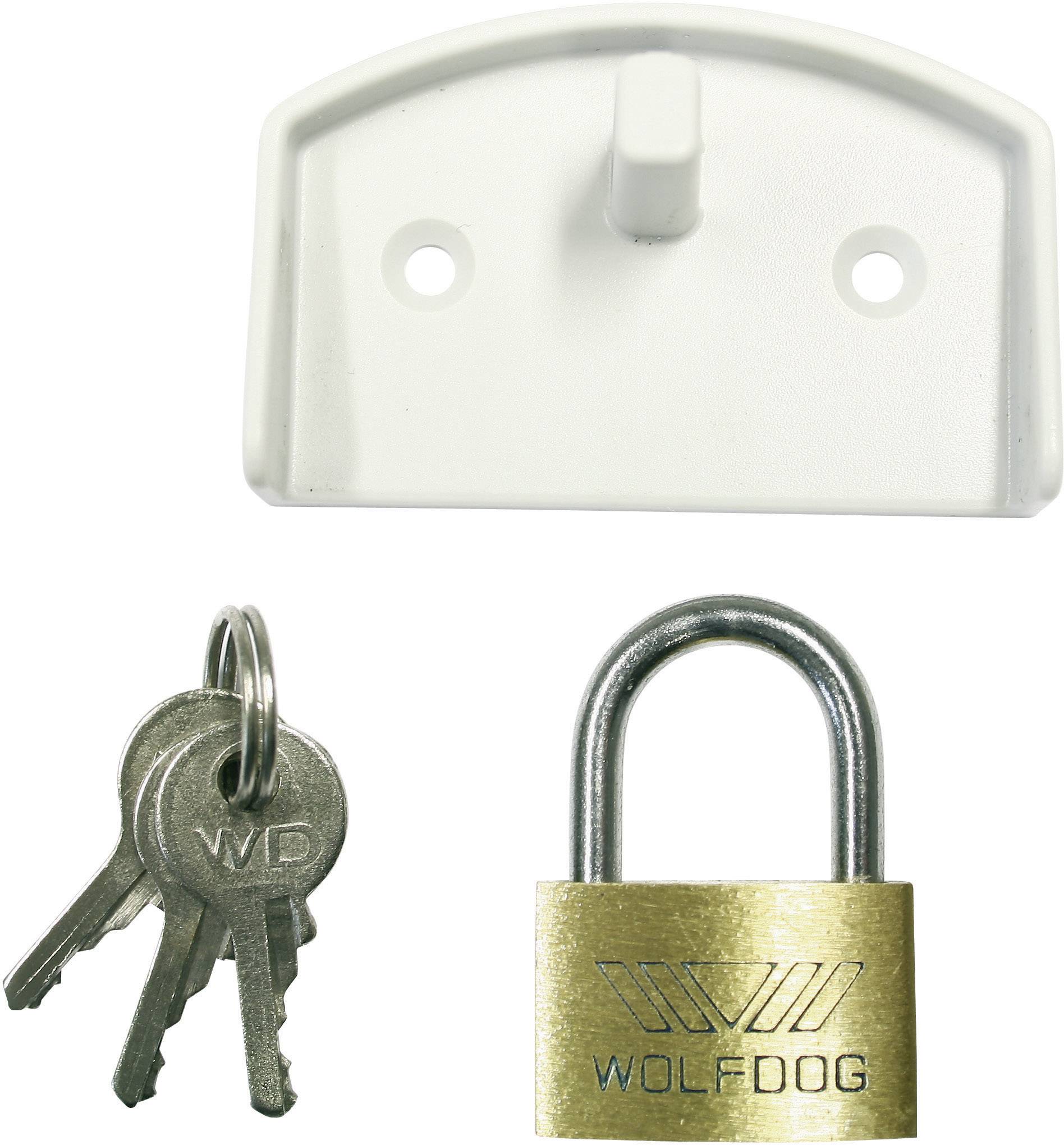 Ein Vorhängeschloss mit der Aufschrift 'Wolfdog', drei Schlüssel und eine weiße Wandhalterung sind abgebildet.