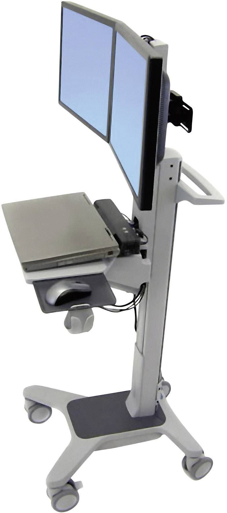Ein mobiler Computerwagen mit Doppeldisplay, Laptopablage und Rollen. Entwickelt für flexible Arbeitsplätze oder medizinische Anwendungen.