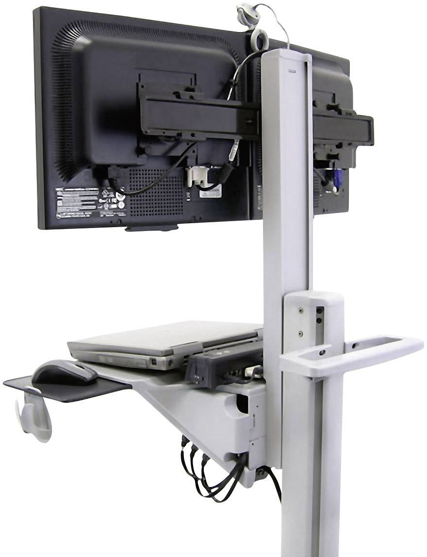 Ein mobiler Computerarbeitsplatz mit zwei Monitoren, einem Laptop und einer Tastaturablage; ideal für flexible Arbeitsumgebungen.