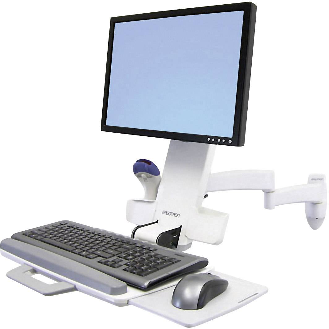 Ein Computerarbeitsplatz mit einem Monitor auf einem verstellbaren Arm, einer Tastatur und einer Maus auf einem grauen Tisch.