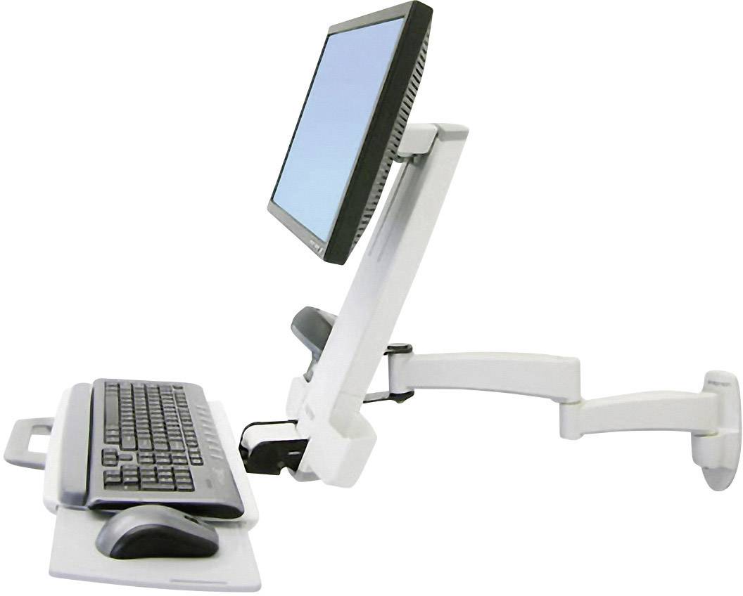 Ein höhenverstellbarer, ergonomischer Arbeitsplatzarm mit Monitor, Tastatur und Maus, montiert an einer Wandhalterung.