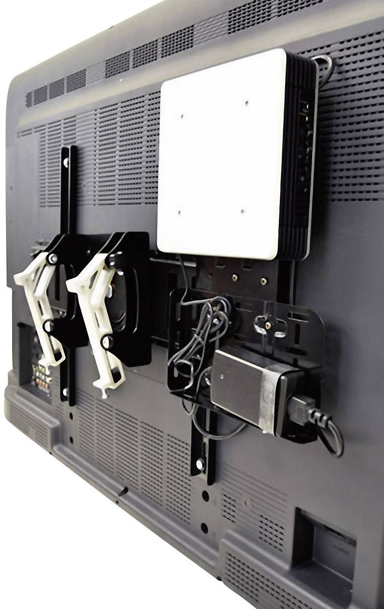 Rückansicht eines montierten elektronischen Geräts an einer Halterung. Kabel und Verbindungselemente sind sichtbar.