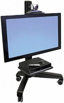 Ein Videokonferenzsystem bestehend aus einem großen Monitor auf einem rollbaren Ständer, einer Kamera oben und einer Fernbedienung.