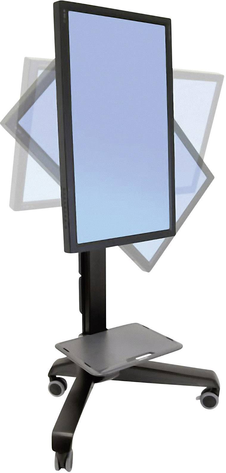 Ein rollbarer Ständer mit drehbarem Monitor im Hochformat. Der Monitorbildschirm zeigt eine blaue Fläche.