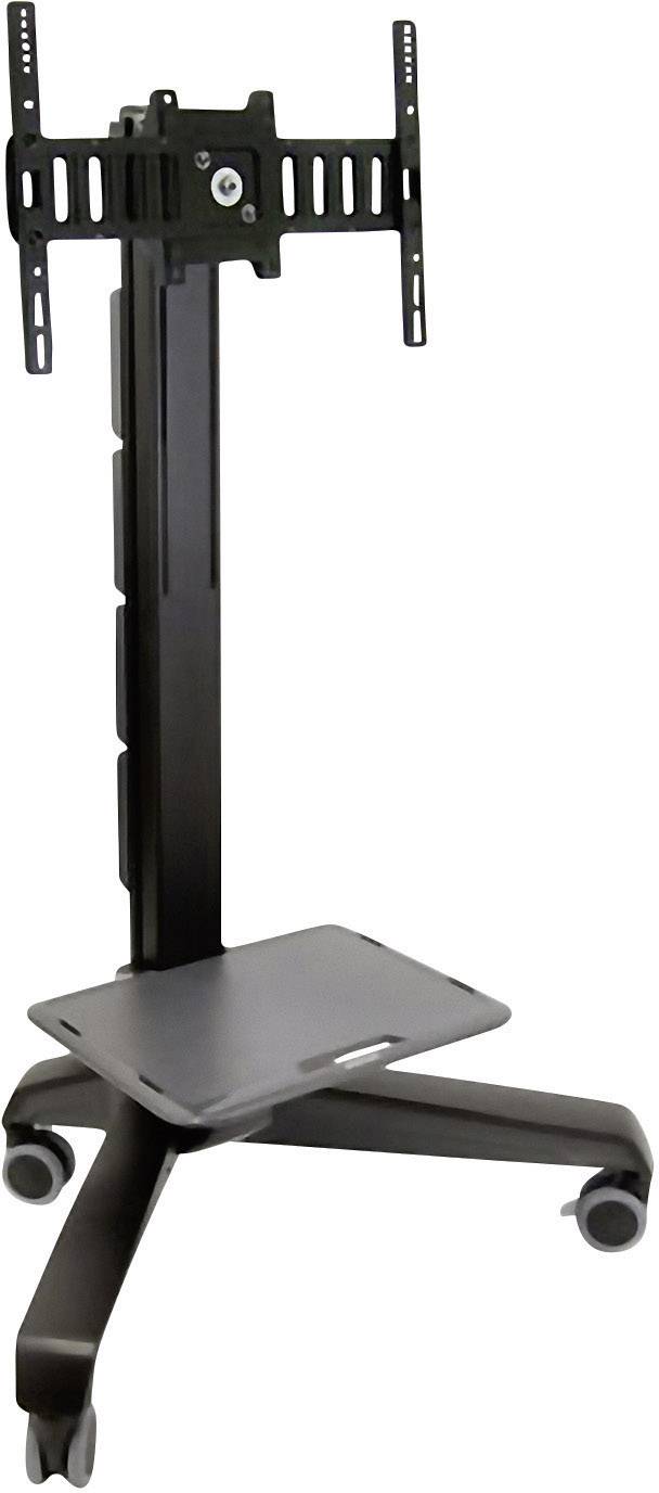 Rollbarer TV-Ständer aus schwarzem Metall, geeignet für Flachbildfernseher, mit Halterung, höhenverstellbarer Stange und Ablagefläche.