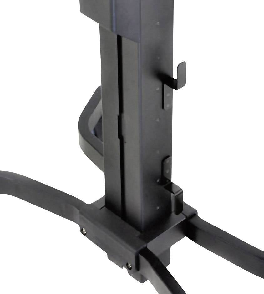 Fuß eines schwarzen, höhenverstellbaren Tischgestells mit rechteckiger Säule und stabiler Basis.