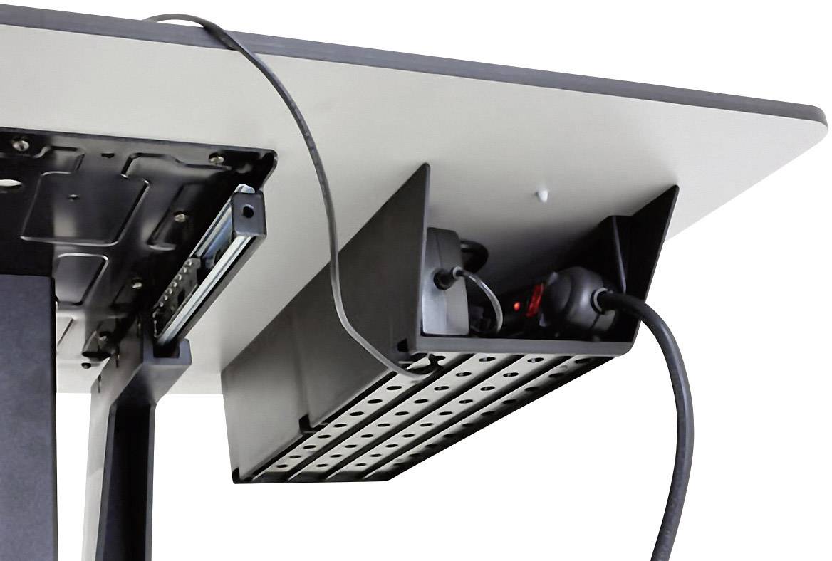 Ein elektrisch verstellbarer Schreibtisch mit Kabelmanagementfach unter der Tischplatte. Kabel sind ordentlich verstaut.