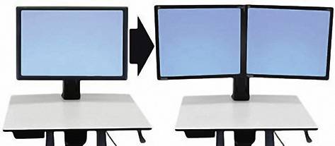 Ein Monitor links und zwei Bildschirme rechts, die durch einen Pfeil getrennt sind, symbolisieren den Übergang zu einem Dual-Monitor-Setup.