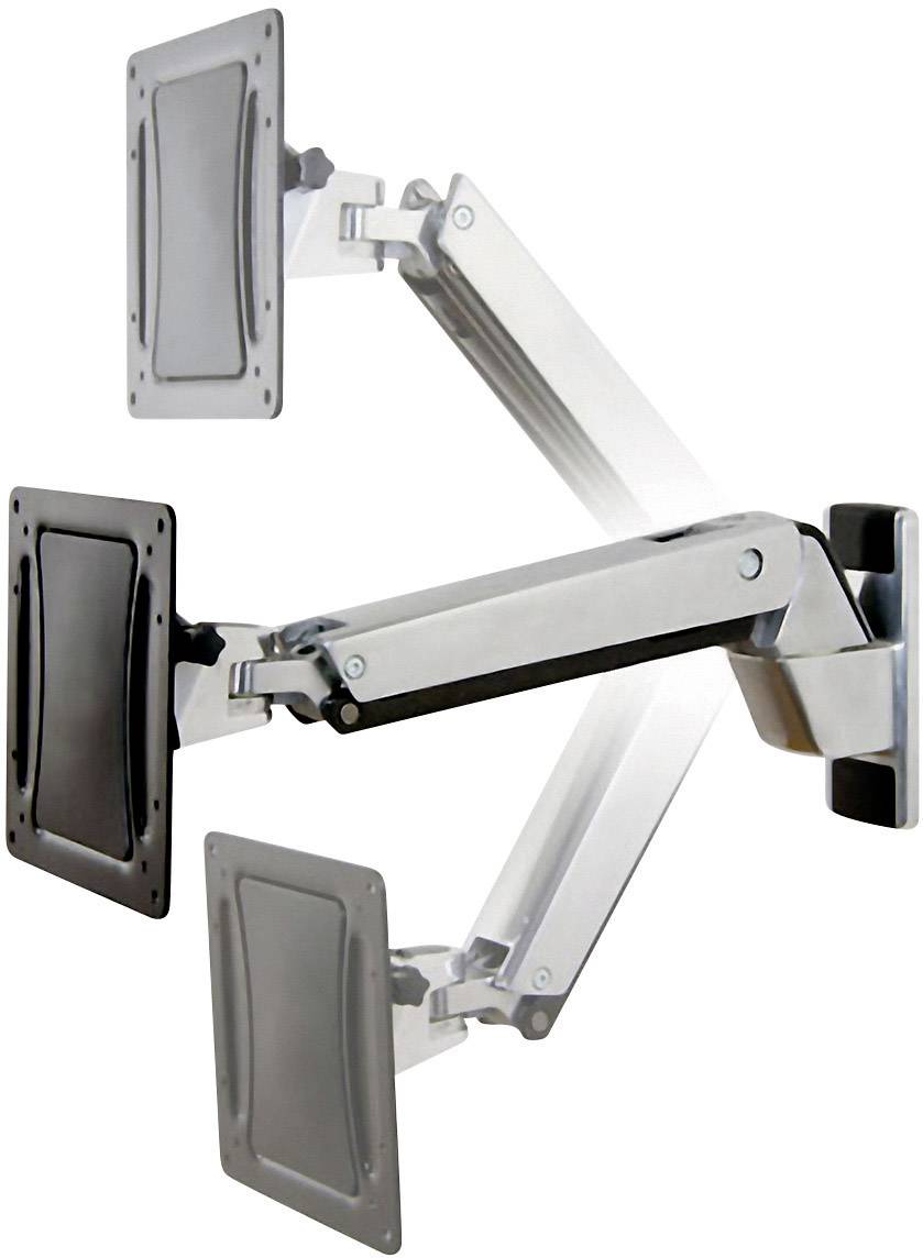 Ein dreifacher Monitorarm aus Metall, der an der Wand montiert ist. Jeder Arm hat eine rechteckige Halterung für Monitore.