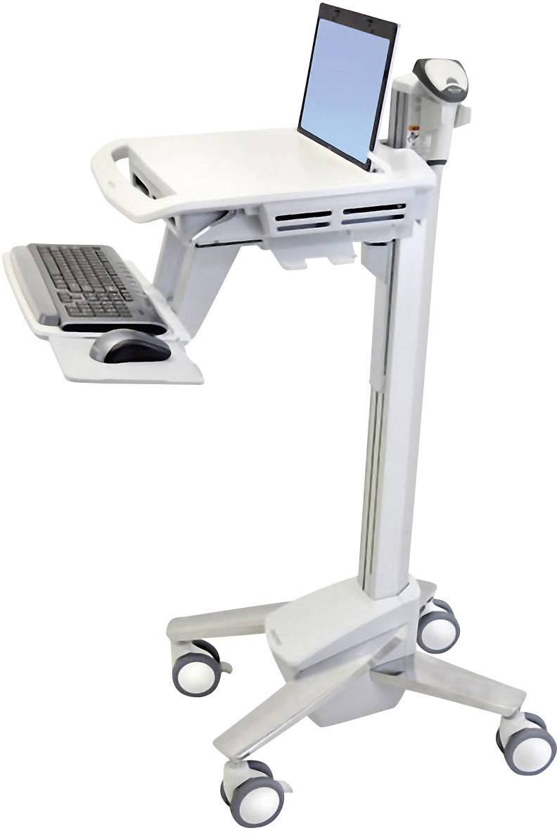 Ein mobiler Computertisch mit Laptop, Tastatur und Maus auf Rollen, entwickelt für flexible Arbeitsumgebungen.