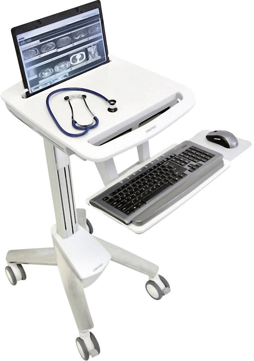 Ein fahrbares Medizintablett mit Laptop, Stethoskop und Tastatur. Der Laptop zeigt Röntgenbilder, möglicherweise für ärztliche Untersuchungen.