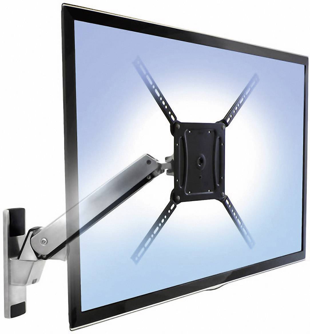 Ein Flachbildschirm-Fernseher ist an einer verstellbaren Wandhalterung montiert, die Bewegung und Neigung ermöglicht.