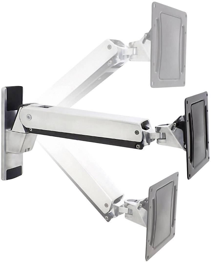 Monitorhalterung mit dreifach schwenkbarem Arm. In drei Positionen gezeigt: zur Wand, halb ausgerichtet, komplett ausgezogen.