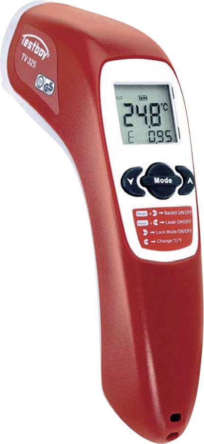 Rotes Infrarot-Thermometer mit Display zeigt '24,8°C'. Enthält mehrere Tasten für Modus- und Laserauswahl. Markenname oben links.