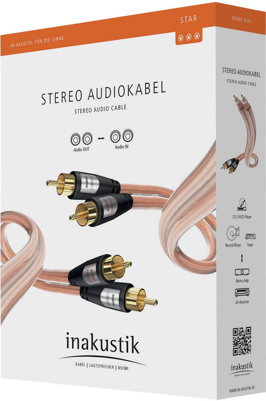 Inakustik 0030413 Cinch Audio Anschlusskabel [2x Cinch-Stecker - 2x Cinch-Stecker] 3.00 m Transparent vergoldete Steckkontakte