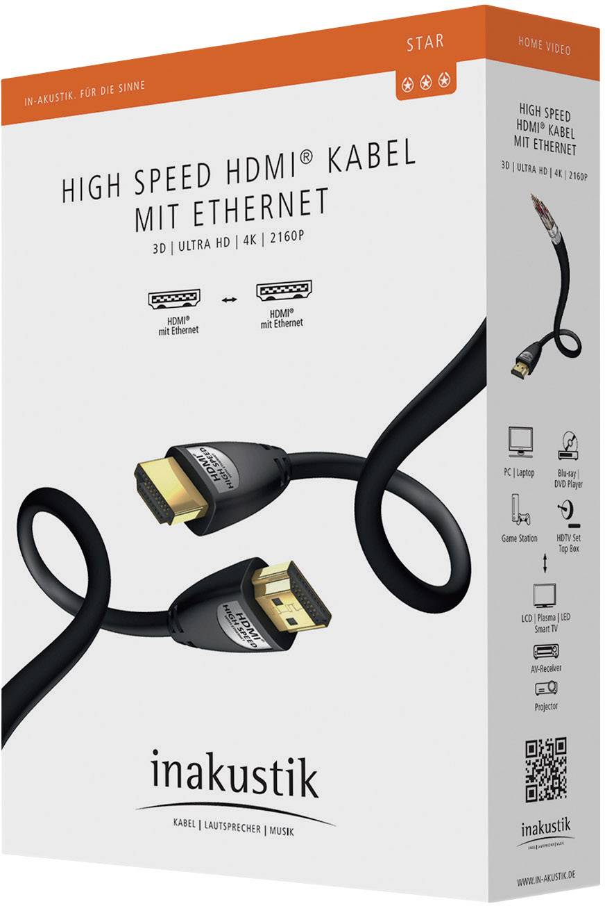 Inakustik HDMI Anschlusskabel HDMI-A Stecker, HDMI-A Stecker 3.00m Schwarz 00324530 Audio Return Channel, vergoldete
