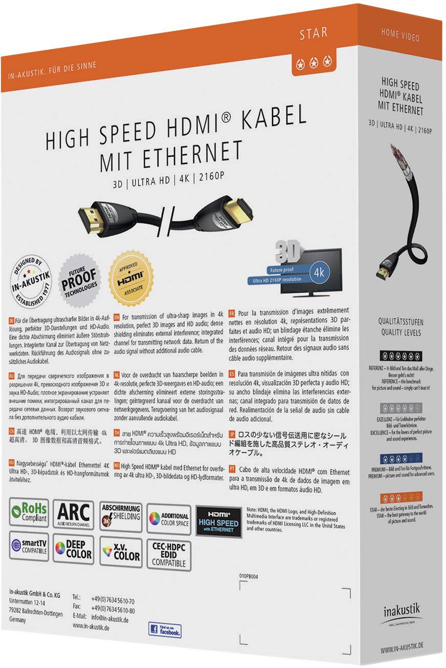 Inakustik HDMI Anschlusskabel HDMI-A Stecker, HDMI-A Stecker 3.00m Schwarz 00324530 Audio Return Channel, vergoldete