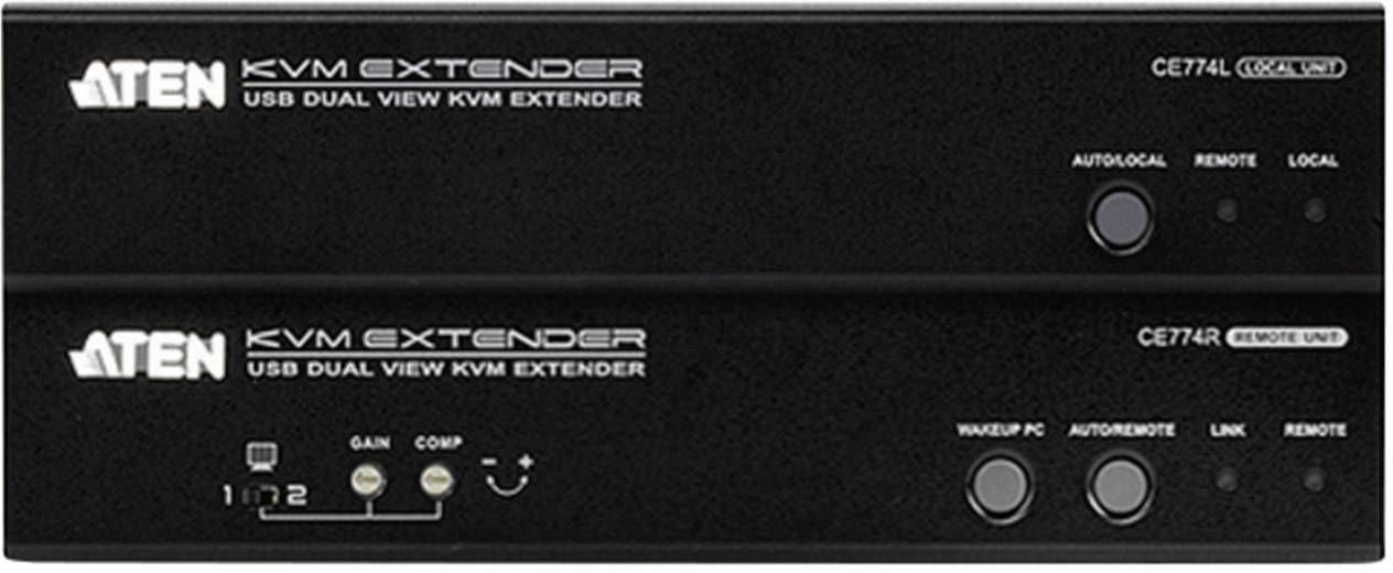 Zwei schwarze KVM-Extender von ATEN, Modelle CE774L und CE772R, für USB Dual View. Beschriftungen zeigen 'Local' und 'Remote'.