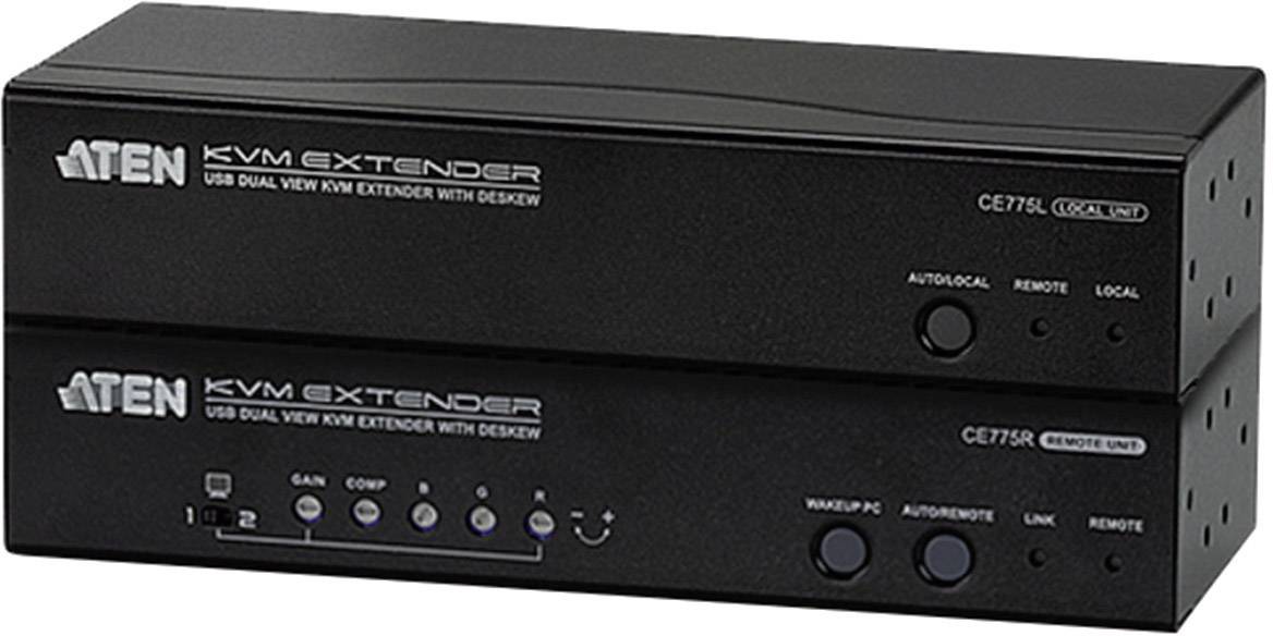 Zwei schwarze KVM Extender-Geräte von ATEN, Modell CE775L und CE775R, zur Verlängerung von USB-Dual-View. Oben sind LEDs und Anschlüsse sichtbar.