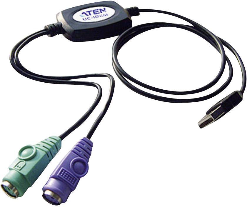 Ein USB-Adapterkabel mit zwei PS/2-Anschlüssen, einem grünen und einem lila, zur Verbindung von PS/2-Geräten mit einem USB-Port.
